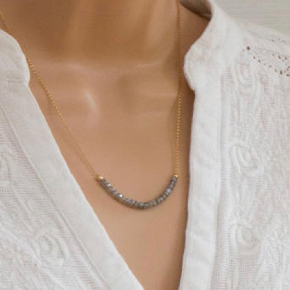 14k Mystic Labradorite Gemstone Gold Bar Necklace - Picture 4 of 4